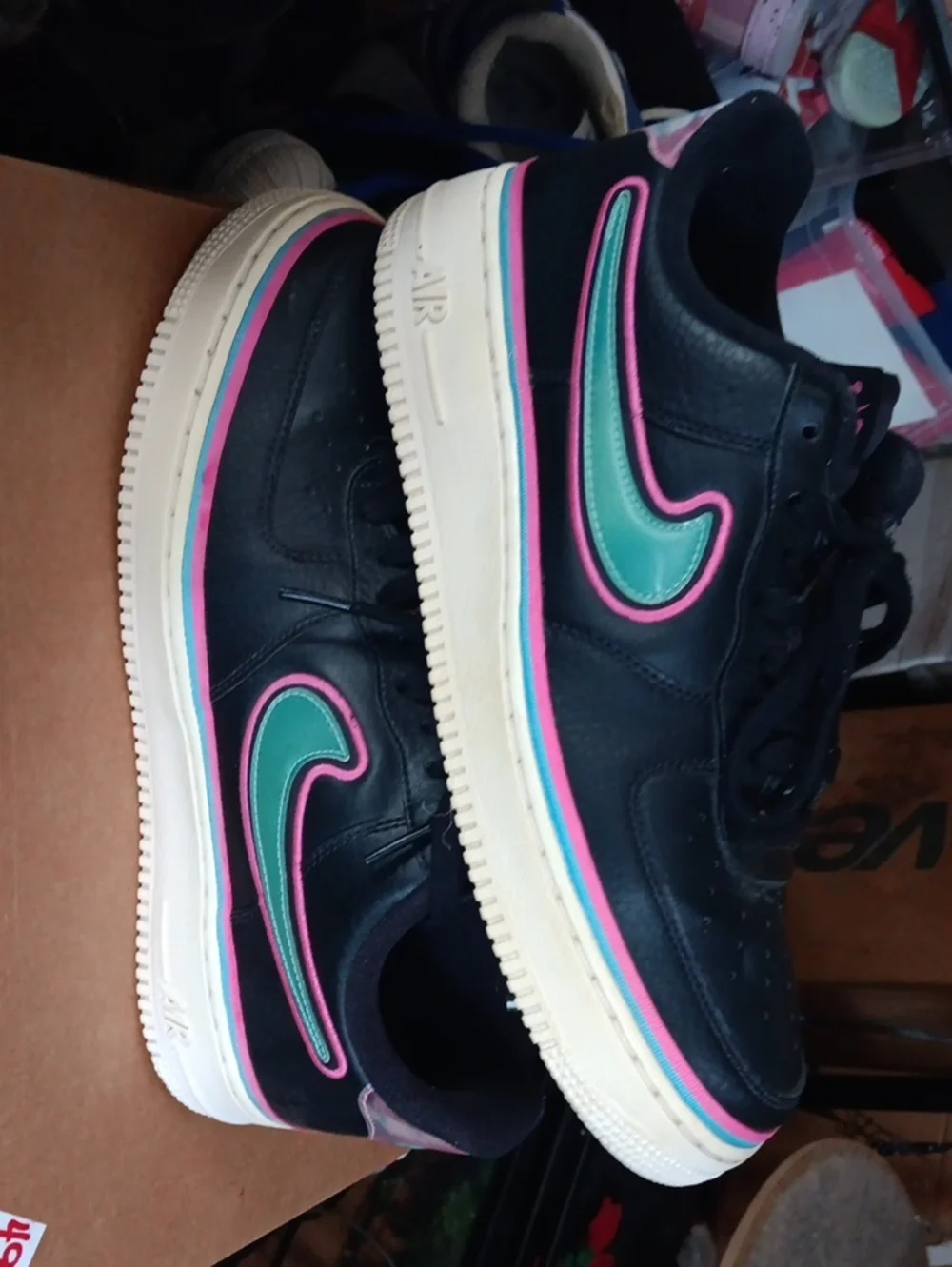 Nike AF1 NBA Colab, Black Leather Sneakers with Teal & Pink Swoosh
